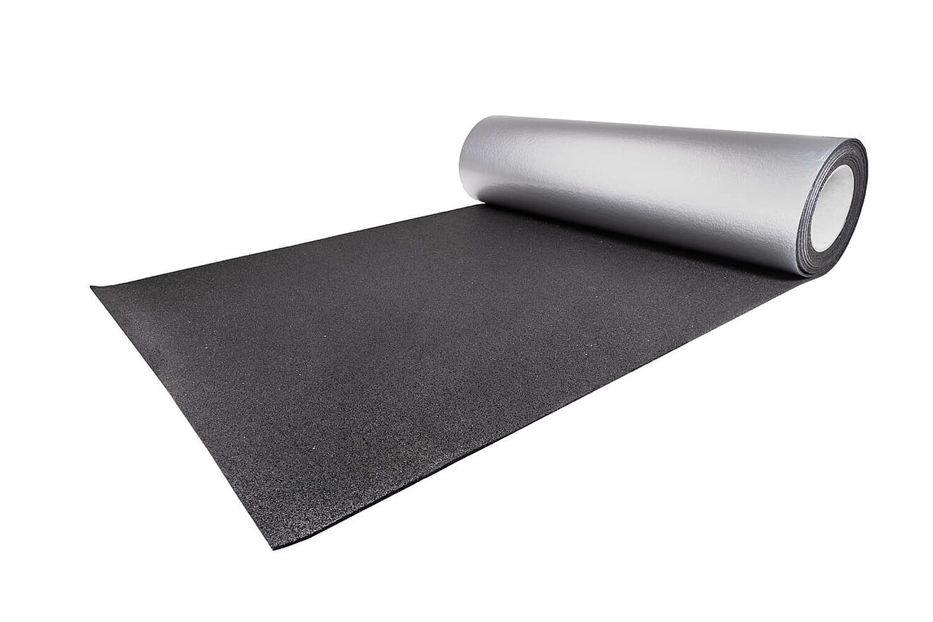 Rolled black terrace mat with aluminum facing “REGUPOL terrace alu fire” on a white background