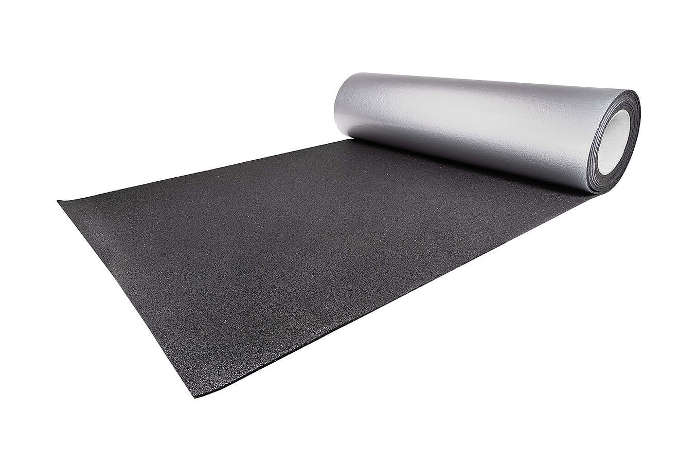 Rolled grey rubber mat with aluminum facing “REGUPOL resist alu fire” on a white background